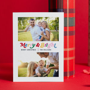 Modern Merry & Bright Colourful Retro 2 Photo Holiday Card