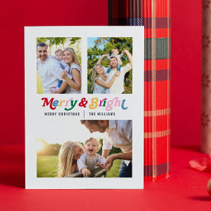 Modern Merry & Bright Colourful Retro 3 Photo Holiday Card