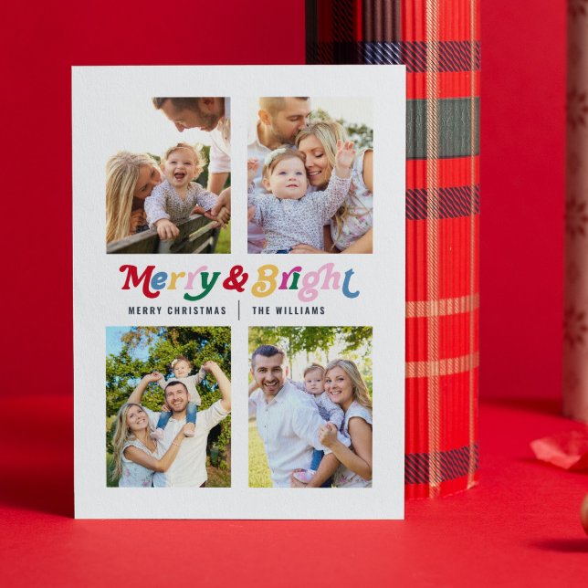 Modern Merry & Bright Colourful Retro 4 Photo Holiday Card (Let your friends and family know you’re merry & bright with this festive card😊)