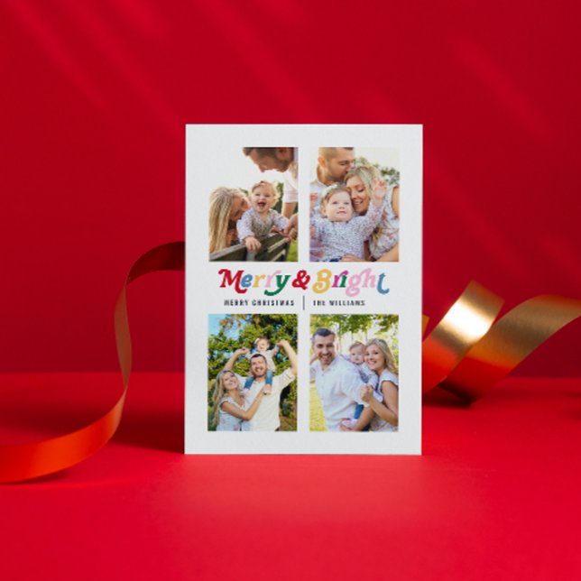 Modern Merry & Bright Colourful Retro 4 Photo Holiday Postcard (Nothing says “Merry Christmas” like a heartfelt postcard to your loved ones.)