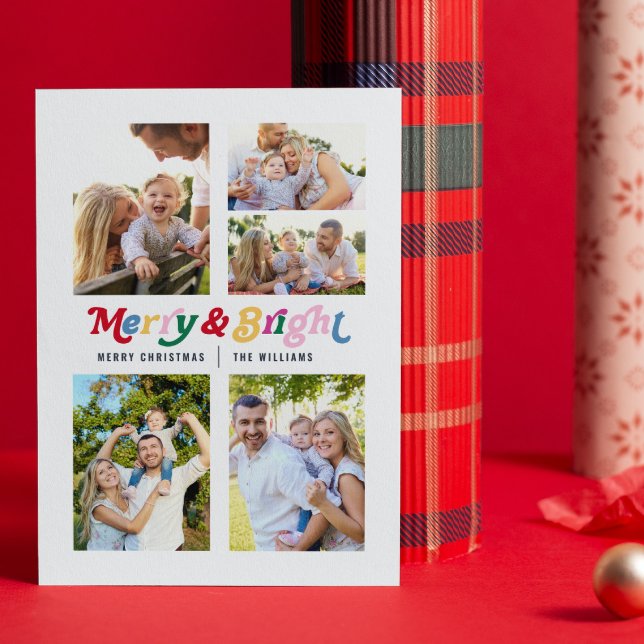 Modern Merry & Bright Colourful Retro 5 Photo Holiday Card (Let your friends and family know you’re merry & bright with this festive card😊)