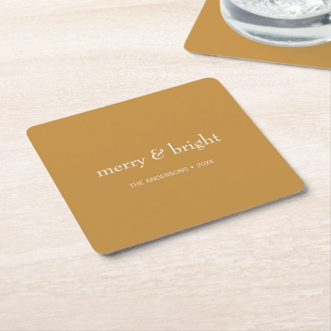 Modern Merry & Bright Gold Christmas Holiday Square Paper Coaster (Angled)