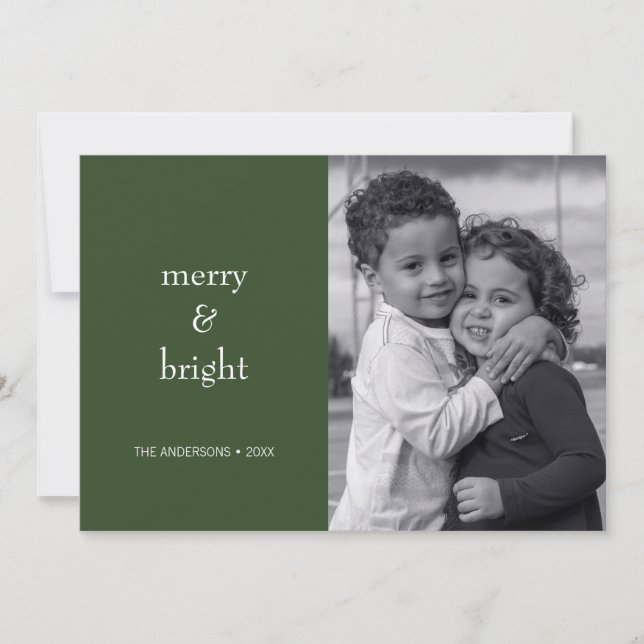 Modern Merry & Bright Green Christmas Photo Holiday Card (Front)