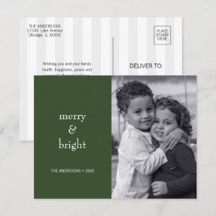 Modern Merry & Bright Green Christmas Photo Holiday Postcard