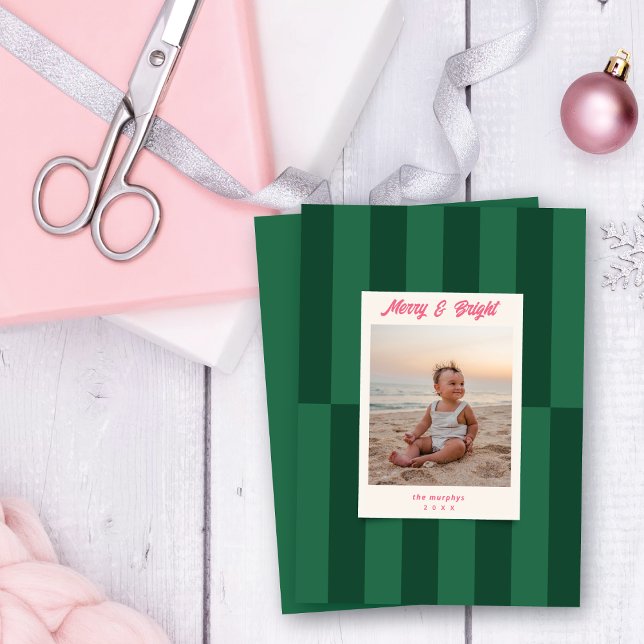 Modern Merry & Bright Green Stripes Christmas Holiday Card (Creator Uploaded)