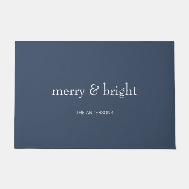 Modern Merry & Bright Holiday Navy Doormat (Front)