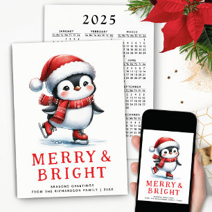 Modern Merry Bright Ice Skating Penguin Christmas Holiday Card