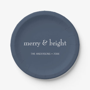 Modern Merry & Bright Navy Christmas Holiday Paper Plate