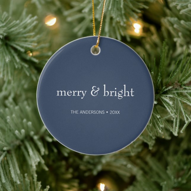 Modern Merry & Bright Navy Christmas Holiday Photo Ceramic Tree Decoration (Tree)