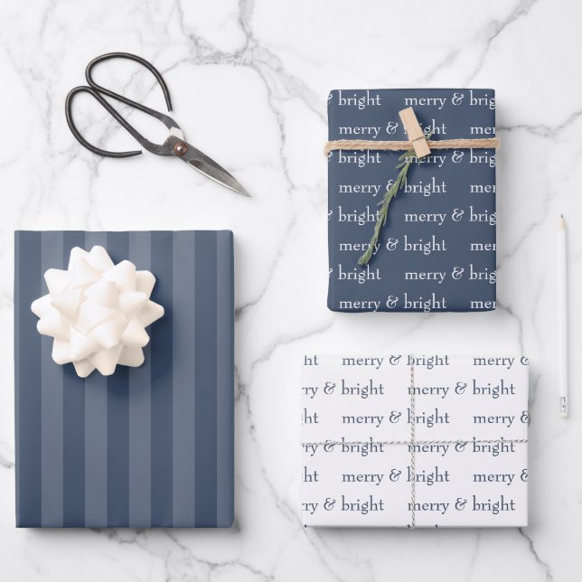 Modern Merry & Bright Navy Christmas Holiday Wrapping Paper Sheet (Front)