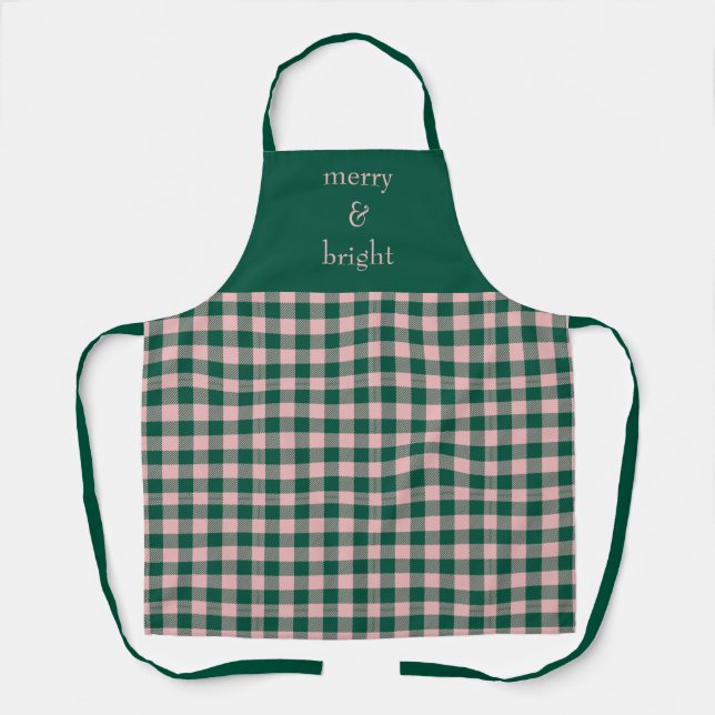Modern Merry & Bright Pink & Green Plaid Holiday Apron (Front)