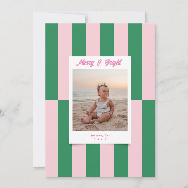Modern Merry & Bright Pink & Green Stripes Holiday Card (Front)