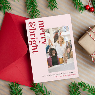 Modern Merry & Bright Pink Red Team Photo Business Holiday Card