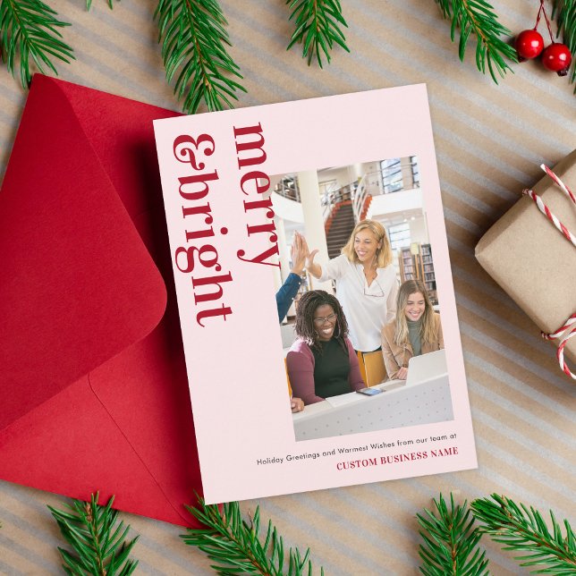 Modern Merry & Bright Pink Red Team Photo Business Holiday Card (Creator Uploaded)