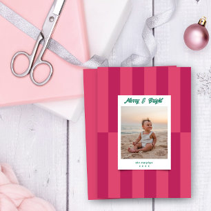 Modern Merry & Bright Pink Stripes Christmas Holiday Card