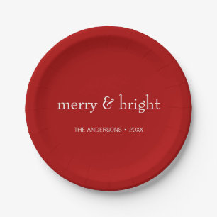 Modern Merry & Bright Red Christmas Holiday Paper Plate