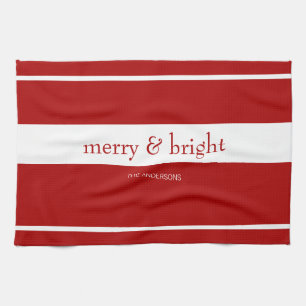 Modern Merry & Bright Red Christmas Holiday Tea Towel