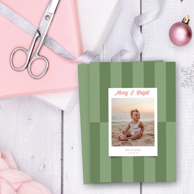 Modern Merry & Bright Sage Green Stripes Christmas Holiday Card (Creator Uploaded)