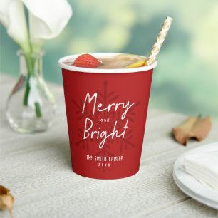 Modern Merry & Bright Script Snowflakes Christmas  Paper Cups