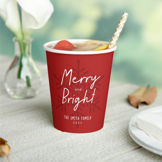 Modern Merry & Bright Script Snowflakes Christmas  Paper Cups (Insitu)