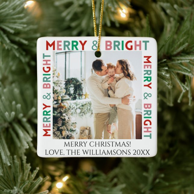 Modern Merry & Bright Simple Colourful One Photo Ceramic Ornament (Tree)