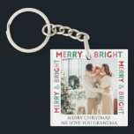 Modern Merry & Bright Simple Colourful One Photo Key Ring<br><div class="desc">Customisable text and photo,  Modern simple one-photo design with colourful "Merry and bright" typography in pink,  green,  and red colours.</div>