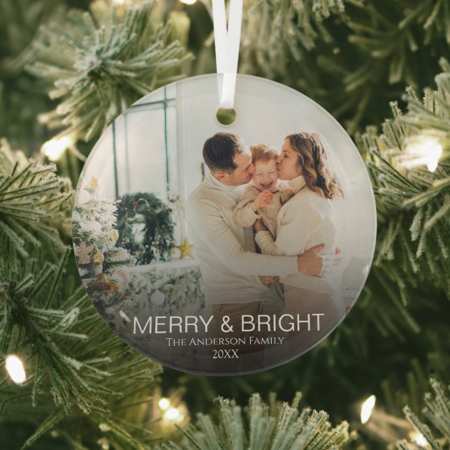 Modern Merry & Bright Stylish Family Photo Glass Tree Decoration (Insitu)