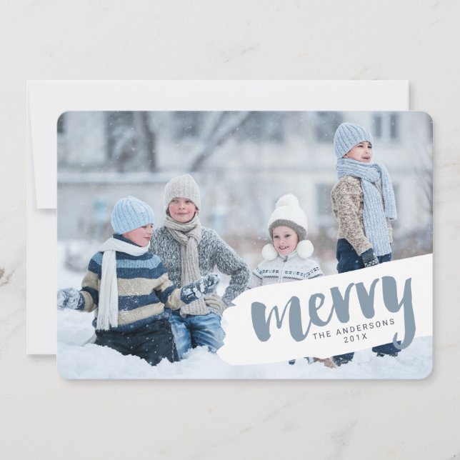 Modern Merry Brush Letter Holiday Photo Card (Front)