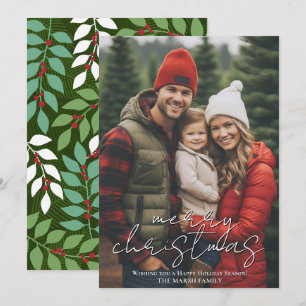 Modern Merry Calligraphy Vertical Photo botanical Holiday Card