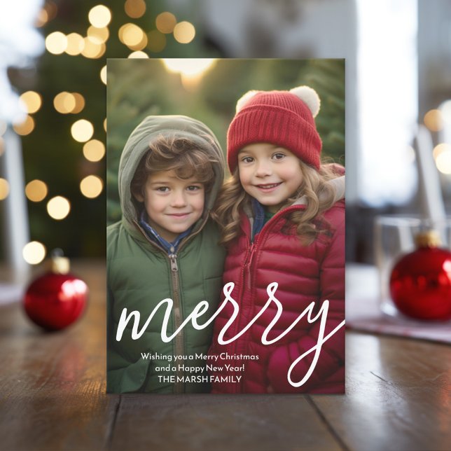 Modern Merry Calligraphy Vertical Photo botanical Holiday Card (Christmas Photo Card)
