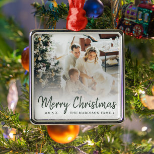 Modern Merry Chirstmas Green Script Family Photo Metal Tree Decoration