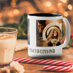 Modern Merry Christmas 2 Photo Collage Holiday Two-Tone Coffee Mug