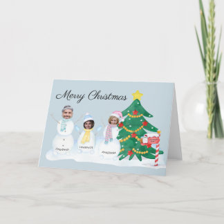 Modern Merry Christmas 3 Photo Family Snowman Holiday Card