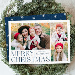 Modern Merry Christmas 4 Photo Collage Holiday Card<br><div class="desc">Simple and elegant holiday card featuring a 3 photo collage on the front with "Merry Christmas" displayed in navy blue modern lettering. Personalise the front of the card by adding your photos and name. The card reverses to display the fourth photo with a white snowflake pattern. The multi-photo holiday card...</div>