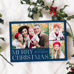 Modern Merry Christmas 4 Photo Collage Holiday Card<br><div class="desc">Simple and elegant holiday card featuring a 3 photo collage on the front with "Merry Christmas" displayed in white modern lettering on a navy blue background. Personalise the front of the card by adding your photos and name. The card reverses to display the fourth photo with a white snowflake pattern....</div>