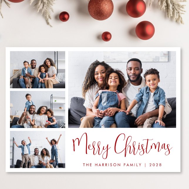 Modern Merry Christmas 4 Photo Collage Holiday Card (Share the love and warmth of the season with your personalized photo Christmas card)
