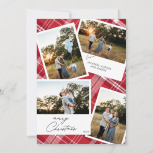 Modern Merry Christmas 4 photo Red Plaid Holiday Card
