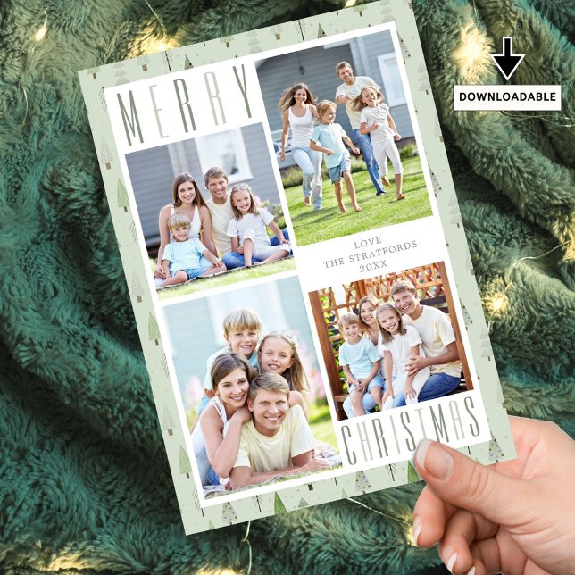 Modern MERRY CHRISTMAS 4 Photo Trees Green Holiday Card (Creator Uploaded)