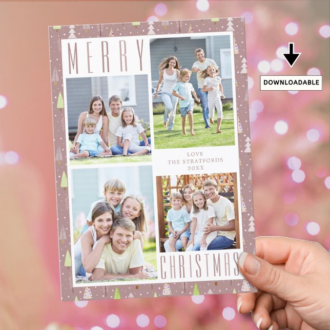 Modern MERRY CHRISTMAS 4 Photos Trees Mauve Holiday Card (Creator Uploaded)