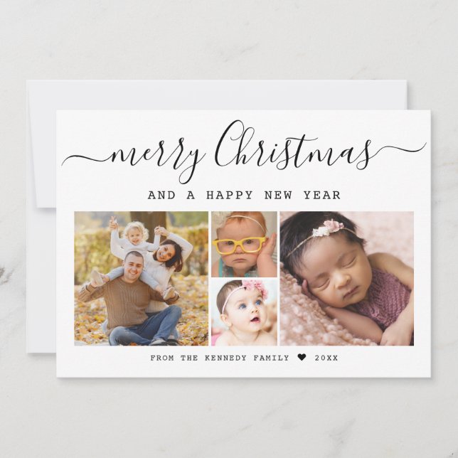 Modern Merry Christmas 5 Family Photo Collage Holiday Card (Front)