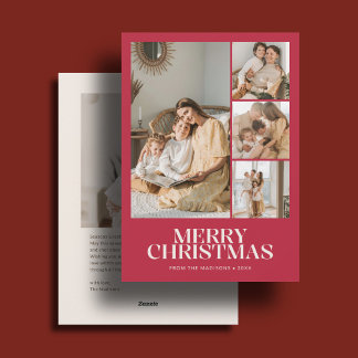 Modern Merry Christmas 5 Photo Red Holiday Card