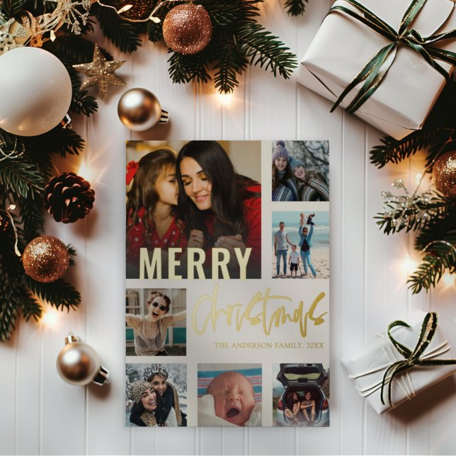 Modern Merry Christmas 7 Photo Foil Holiday Postcard (Creator Uploaded)