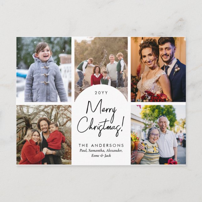 Modern Merry Christmas Arch 5 Family Photo Holiday Postcard (Front)
