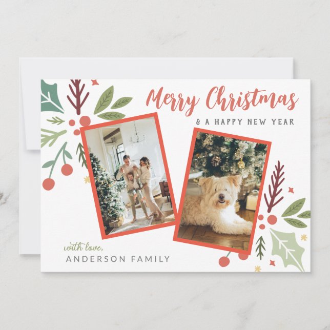 Modern Merry Christmas Berry Foliage Two Photo Holiday Card (Front)