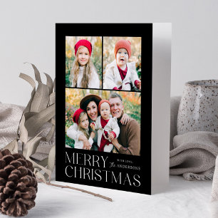 Modern Merry Christmas Black 7 Photo Collage Holiday Card