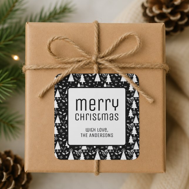 Modern Merry Christmas Black Holiday Square Sticker (Modern Merry Christmas Black Holiday Square Sticker)