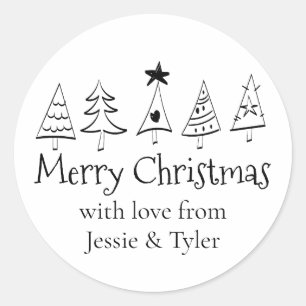 Modern Merry Christmas Black & White Custom Classic Round Sticker