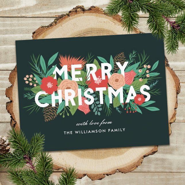 Modern Merry Christmas Bold Floral Family Name  Holiday Postcard (Creator Uploaded)