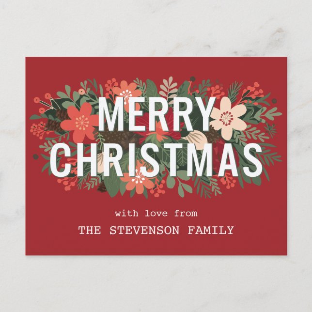 Modern Merry Christmas Bold Floral Family Name  Holiday Postcard (Front)