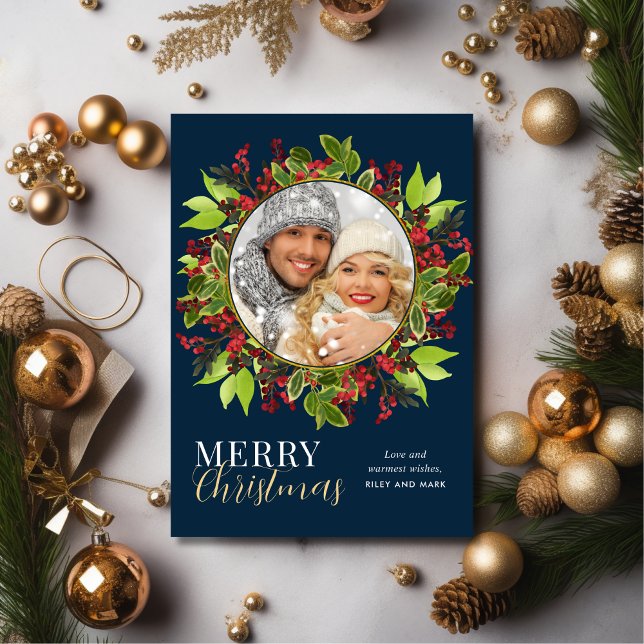 Modern Merry Christmas Botanical Photo Blue Holiday Card (Creator Uploaded)